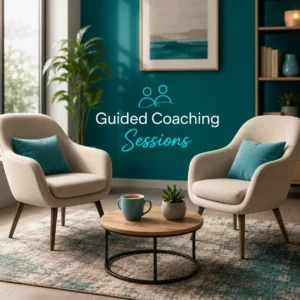 Two comfortable armchairs facing each other across a coffee table in a relaxing room, representing personalized 10tenlife Guided Coaching Sessions for guidance and clarity.