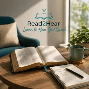 An open Bible and a reflective journal resting on a sunlit wooden table, illustrating the 10tenlife Read2Hear pathway designed to help you learn to hear God speak.