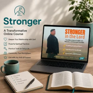 A laptop displaying the Stronger in the Lord transformative online course by JohnDaniel Veitch, surrounded by a study Bible, notes, and coffee for spiritual training.