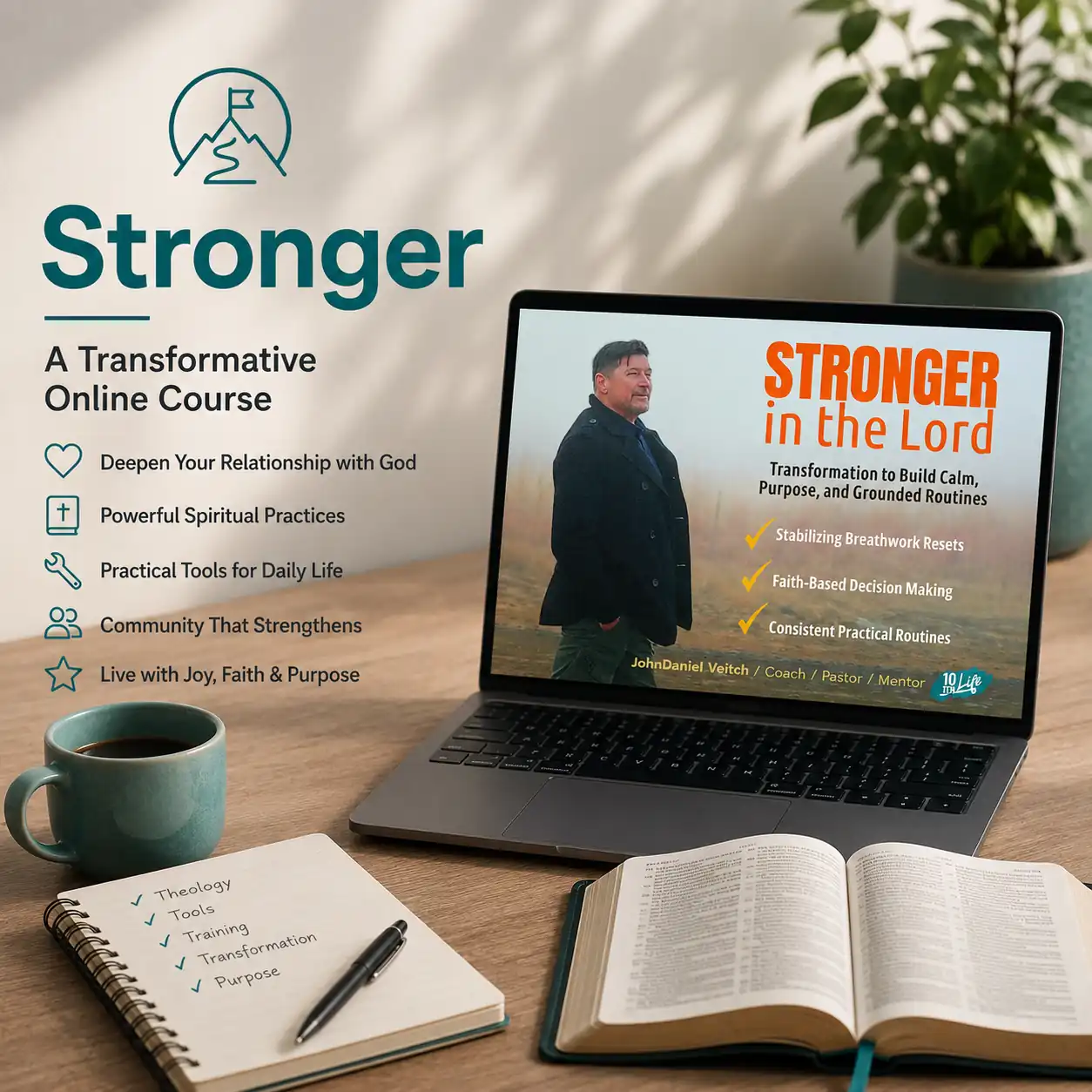 Stronger Online Course 1 A laptop displaying the Stronger in the Lord transformative online course by JohnDaniel Veitch, surrounded by a study Bible, notes, and coffee for spiritual training.
