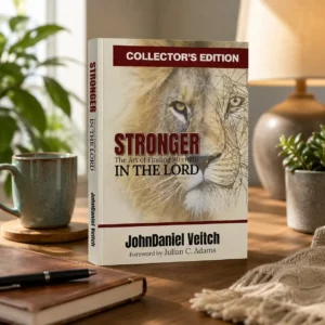 The Collector's Edition of the book Stronger: The Art of Finding Strength in the Lord by JohnDaniel Veitch, featuring a lion cover design, resting on a desk next to a journal.