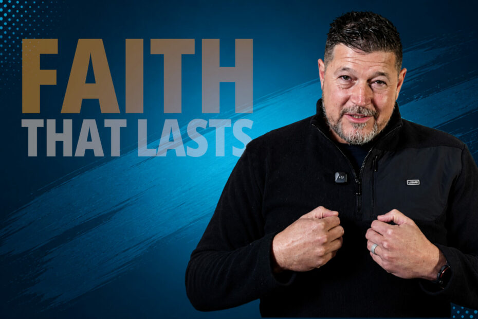 Featured image of a Christian life coach teaching about enduring faith, accompanied by the bold text "Faith That Lasts" against a dark blue textured background.