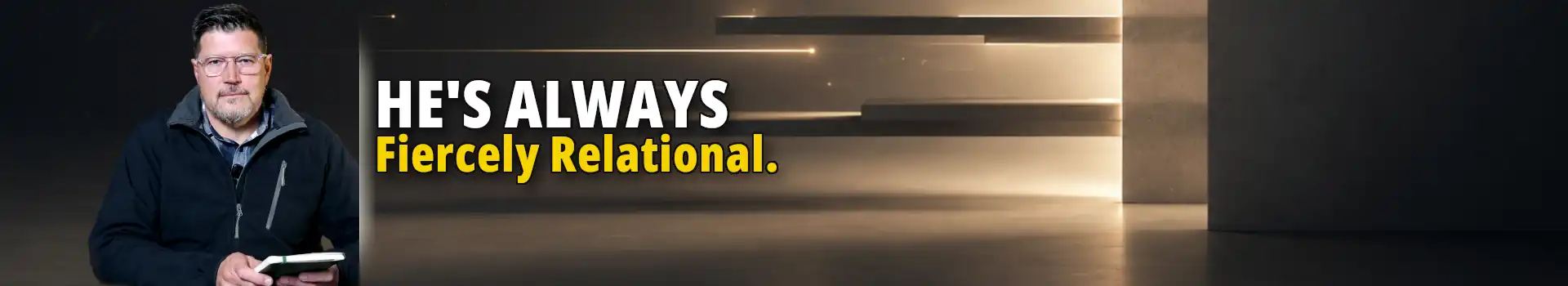 A Christian life coach holding a journal beside the quote "He's always fiercely relational," highlighting the importance of cultivating a daily presence of God.