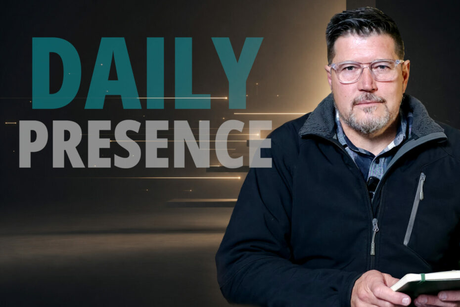 Title graphic for Daily Presence showing a man holding a green notebook against a warmly lit, modern background to encourage everyday spiritual growth.