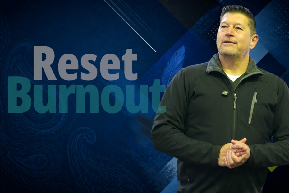 Thumbnail graphic featuring John Veitch on a blue patterned background with the text 'Reset Burnout' for a Spiritual Reset teaching video.