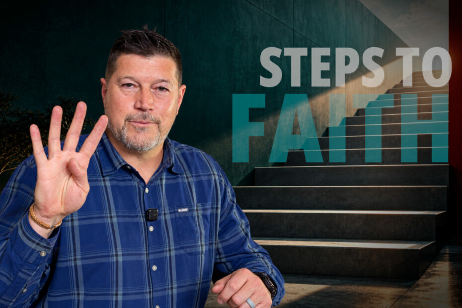 Step-by-Step Faith featured image showing a Christian speaker holding up four fingers beside a staircase with Step-by-Step Faith text.