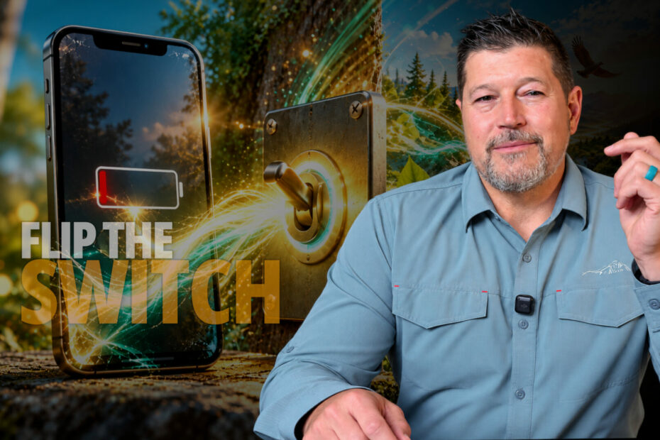 Thankful Living featured image showing a low-battery smartphone and a power switch representing gratitude and renewed strength